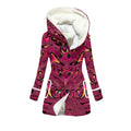 Fuchsia Swirl women's winter coat front detail with double-breasted outerwear styling