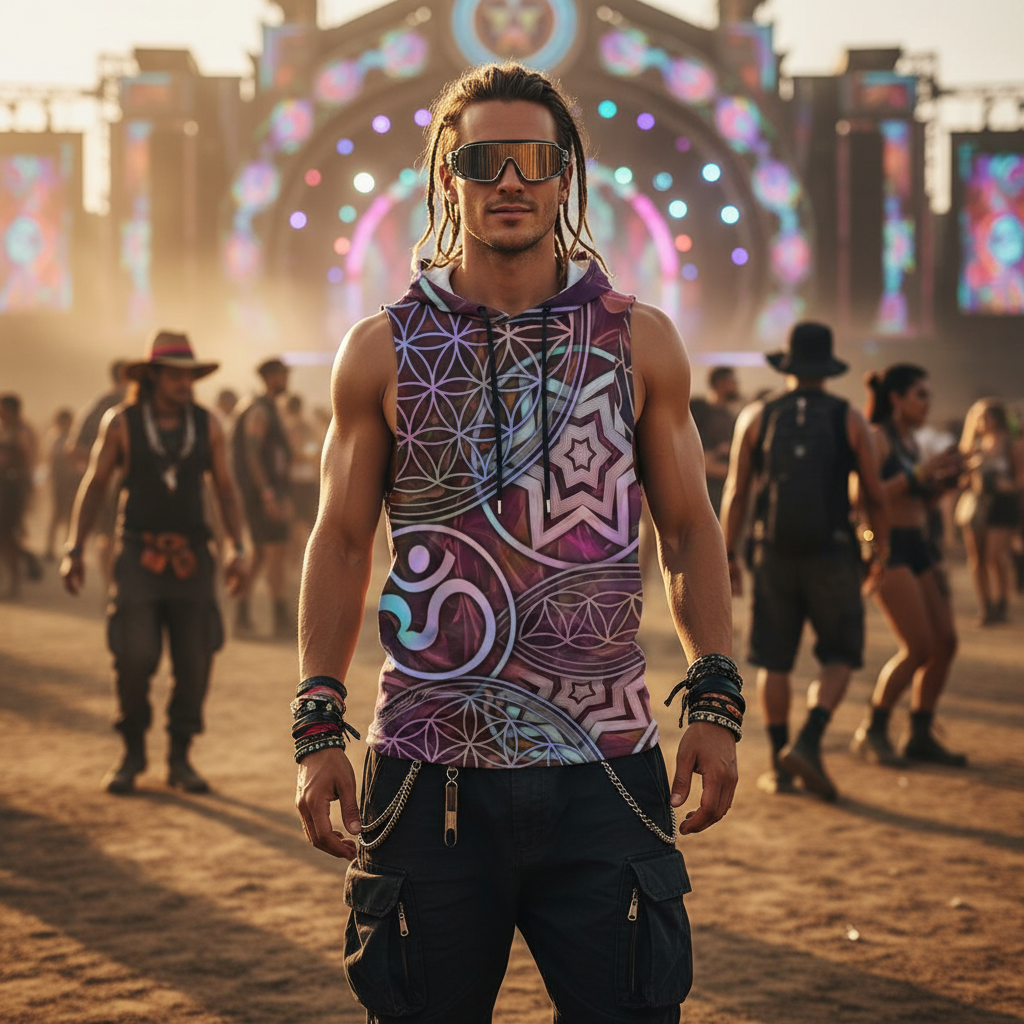 Sacred Geo Cotton Sleeveless Pullover Hoodie Vest