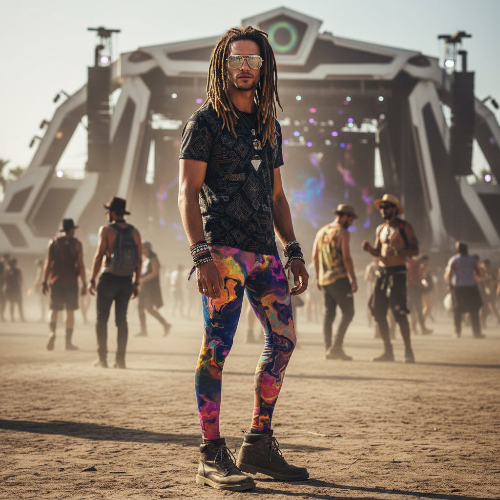 Liquified Abyss Men's Festival Leggings side view with occult-inspired art