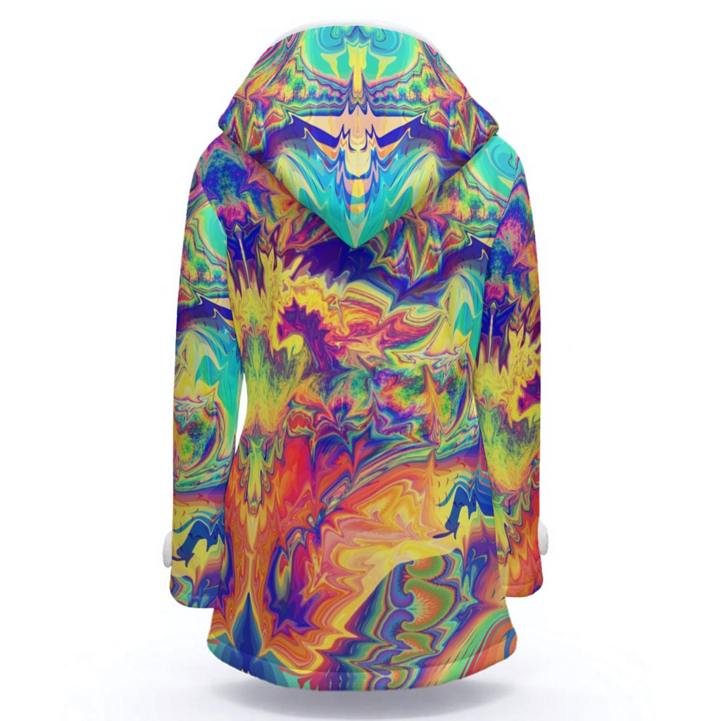 Windowpane women's festival outerwear back view with hooded coat design