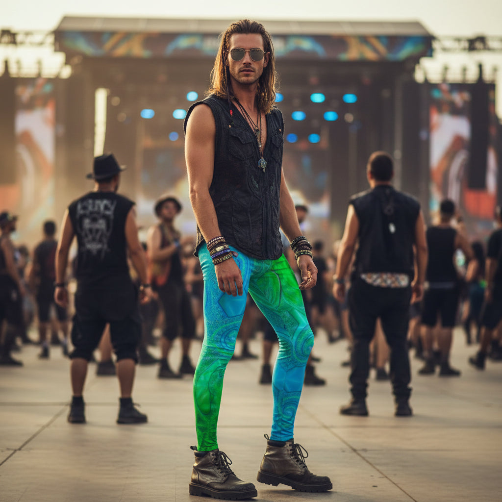 Psy Swirl Green Men's Festival Leggings front view with festival leggings