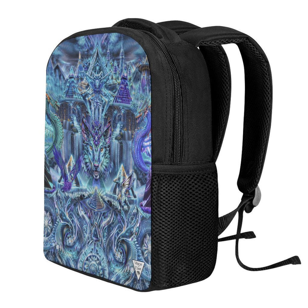 Dreamweaver backpack detail view with visionary print