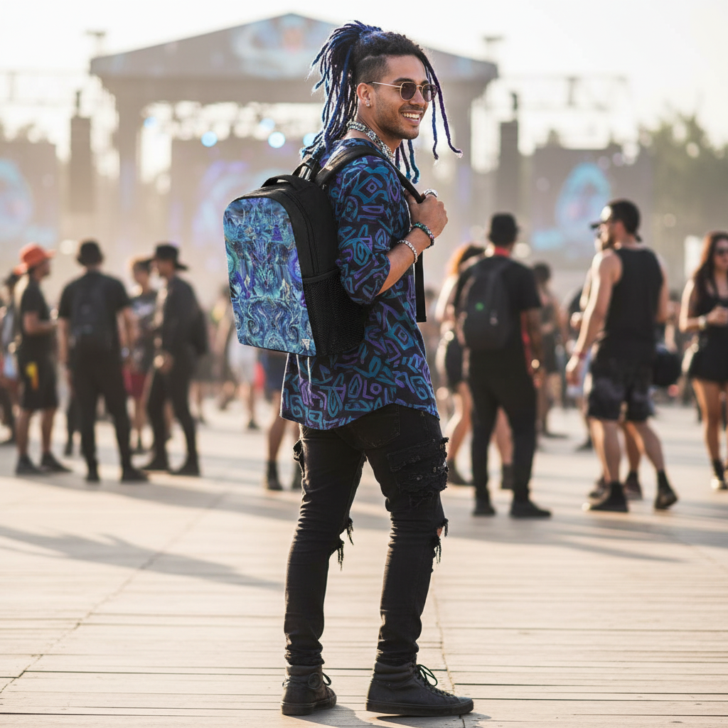 Dreamweaver festival backpack side view with trippy artwork