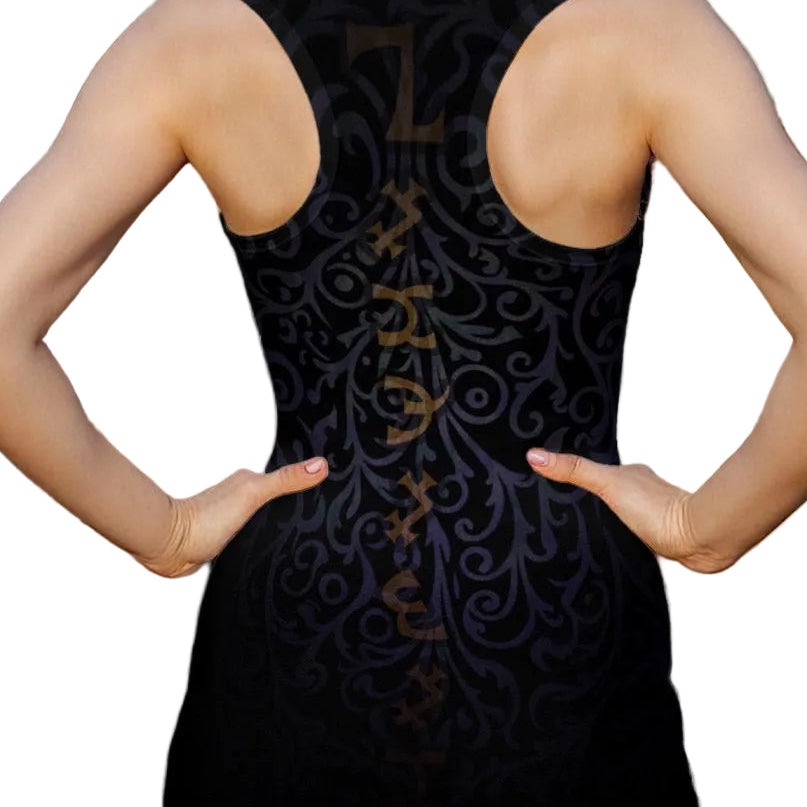 Enochian Vision women's sheer mesh dress detail with sacred geometry design