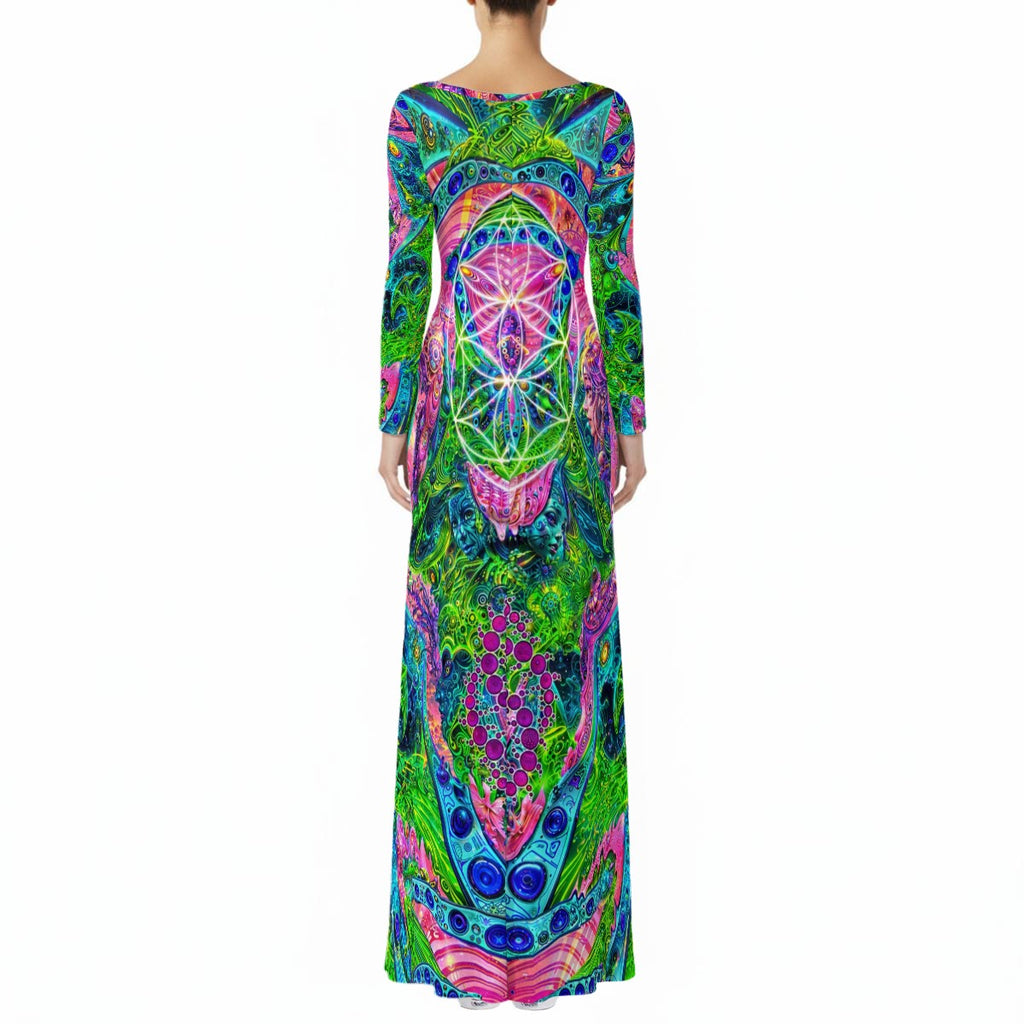 Psy Tribal Shroom women's long sleeve crushed velvet dress side view with trippy festival style