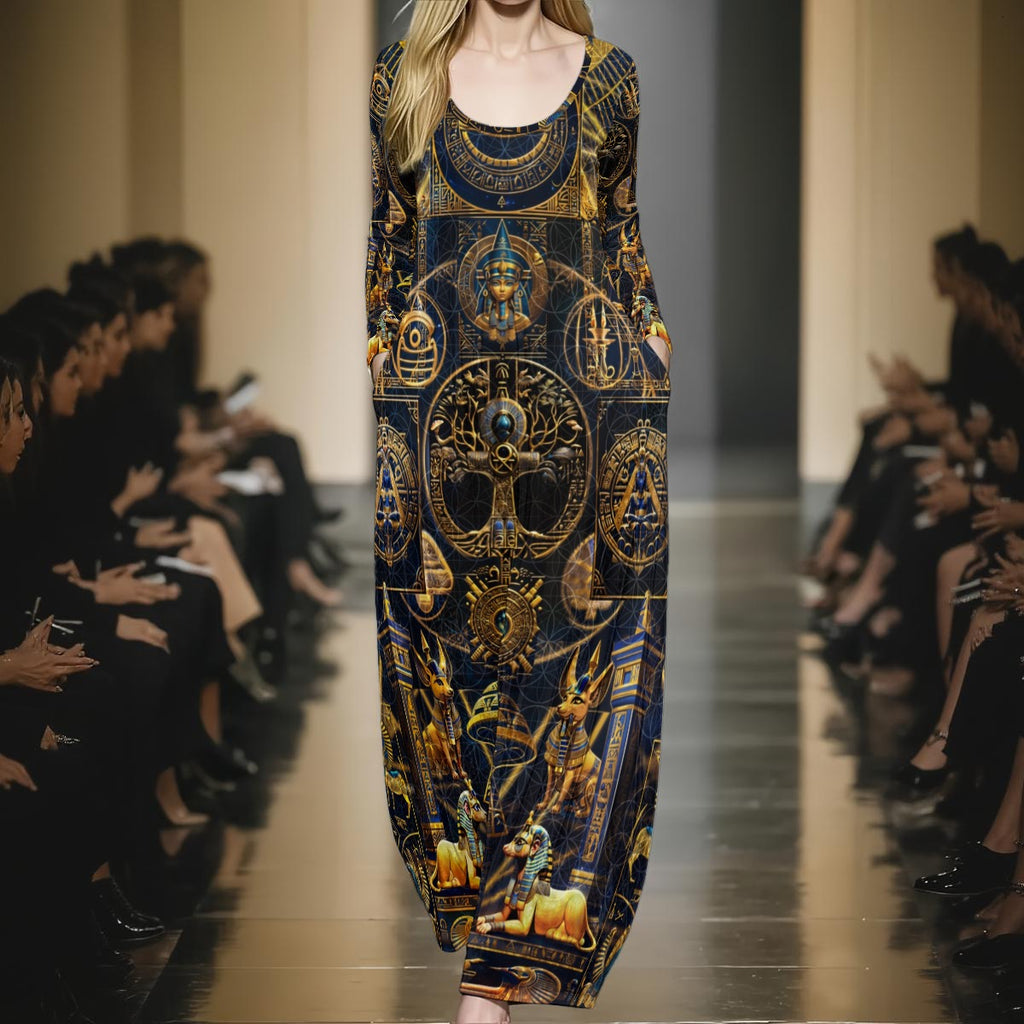 Egyptian Atlantis women's festival maxi dress back view with crushed velvet silhouette