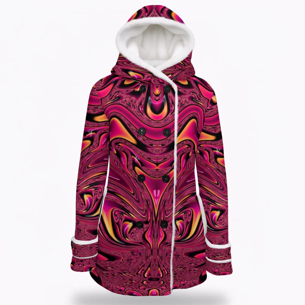 Fuchsia Swirl women's festival outerwear back view with hooded coat design