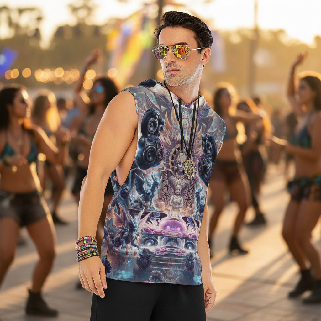 Temple of Sound men's sleeveless rave hoodie detail view with geometric sound-inspired design