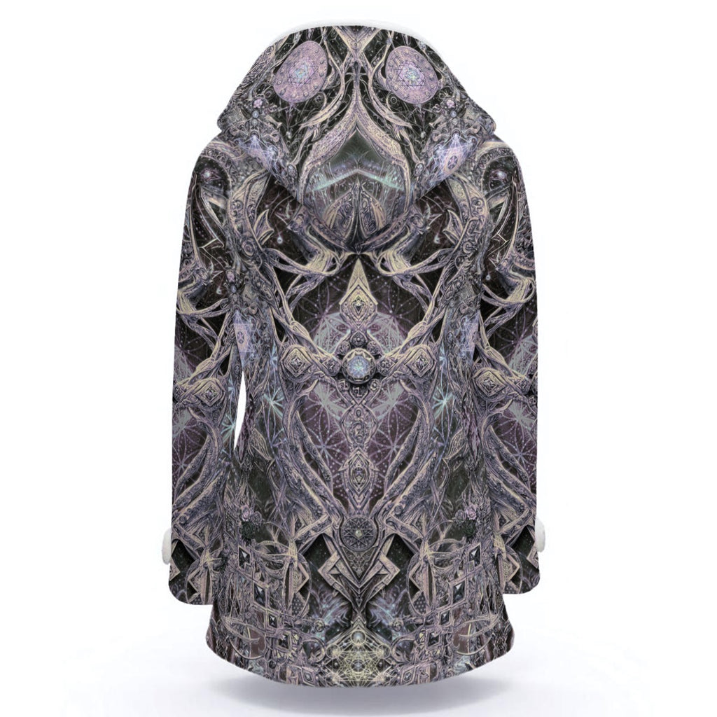 Cosmic Cross Silver women's festival outerwear back view with hooded coat design
