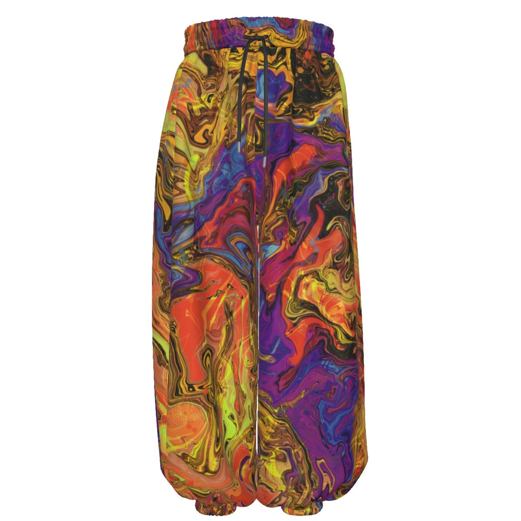 Liquid Fire men's lantern pants front view with psychedelic festival print