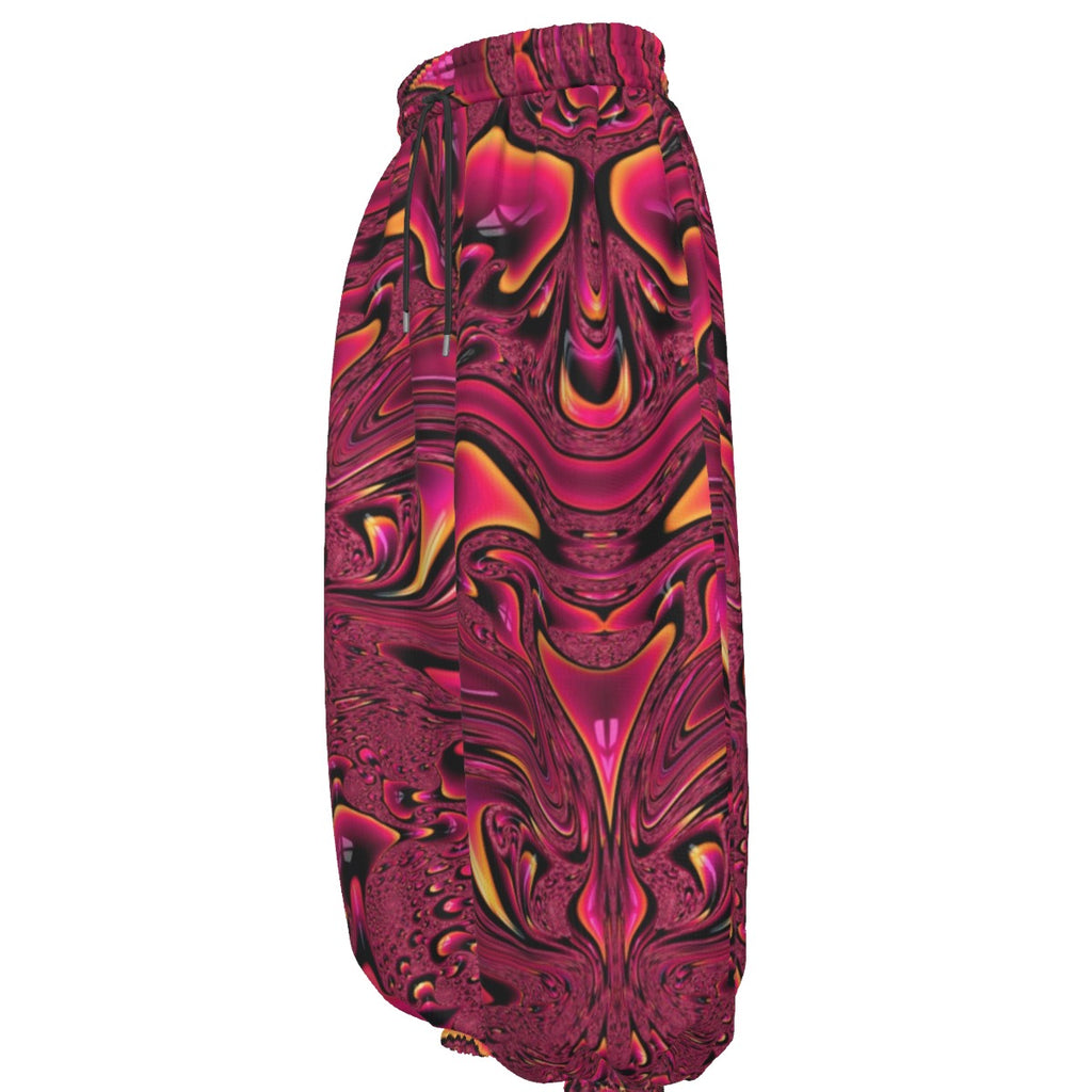 Fuchsia Swirl men's festival pants back view with flowy harem fit