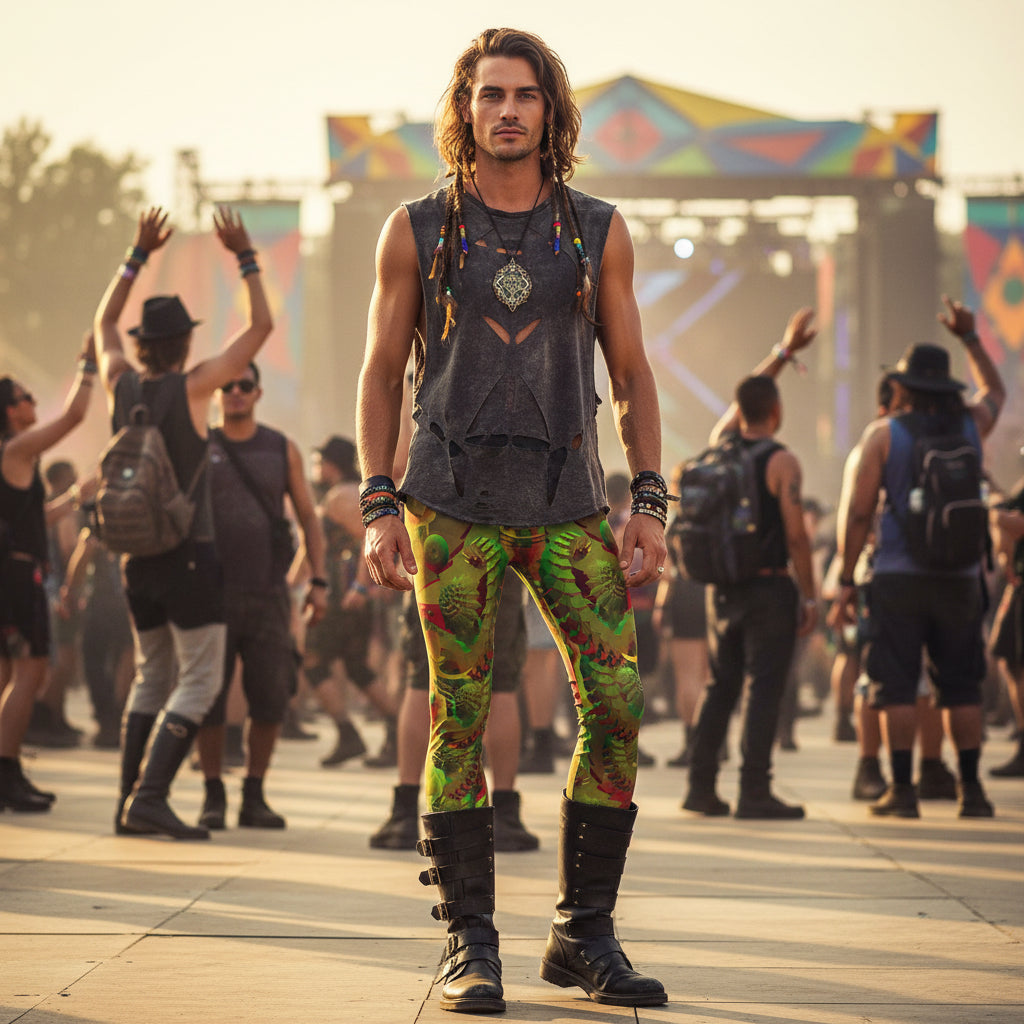 Shroom Flower of Life Green Men's Festival Leggings back view with psytrance clothing