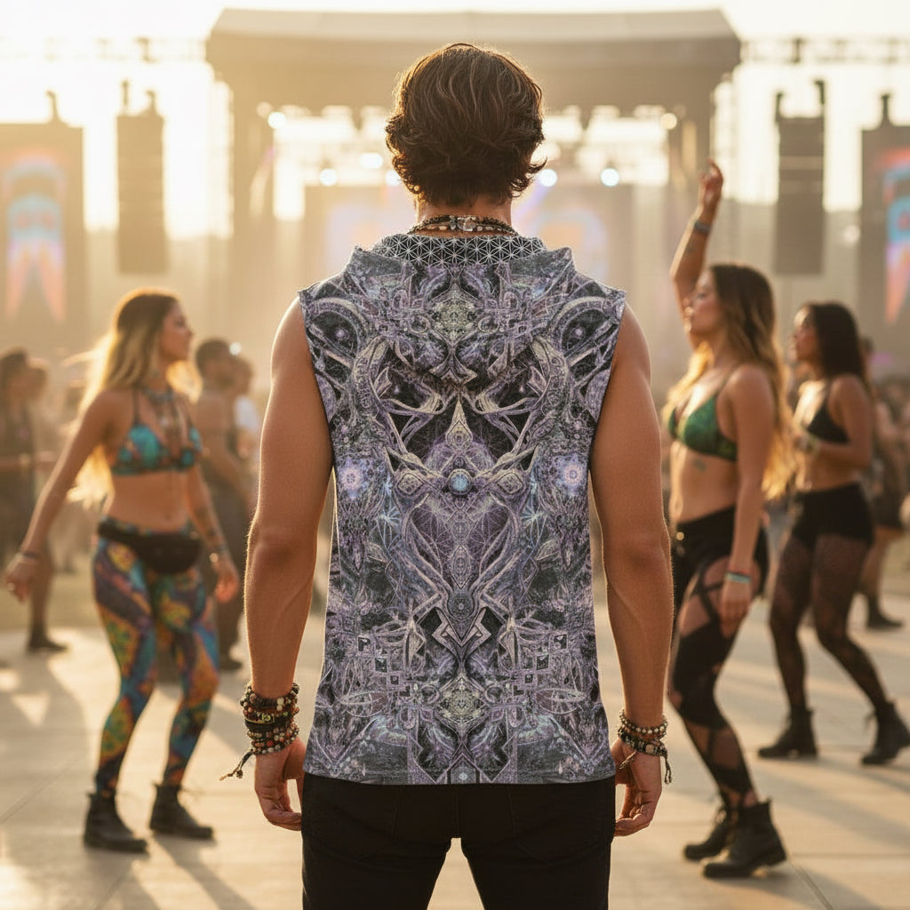 Cosmic Cross Silver men's festival hoodie back view with silver pattern
