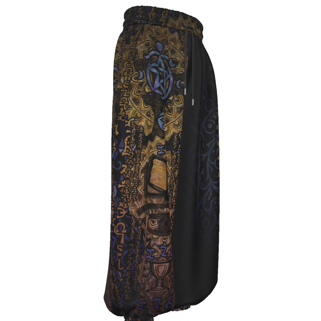 Enochian Vision men's rave pants detail view with visionary art pattern