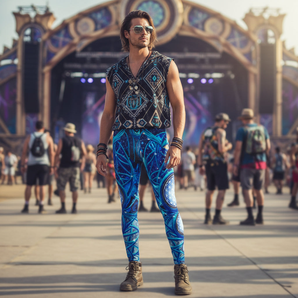 Mystic Eye Blue Men's Festival Leggings back view with psytrance clothing