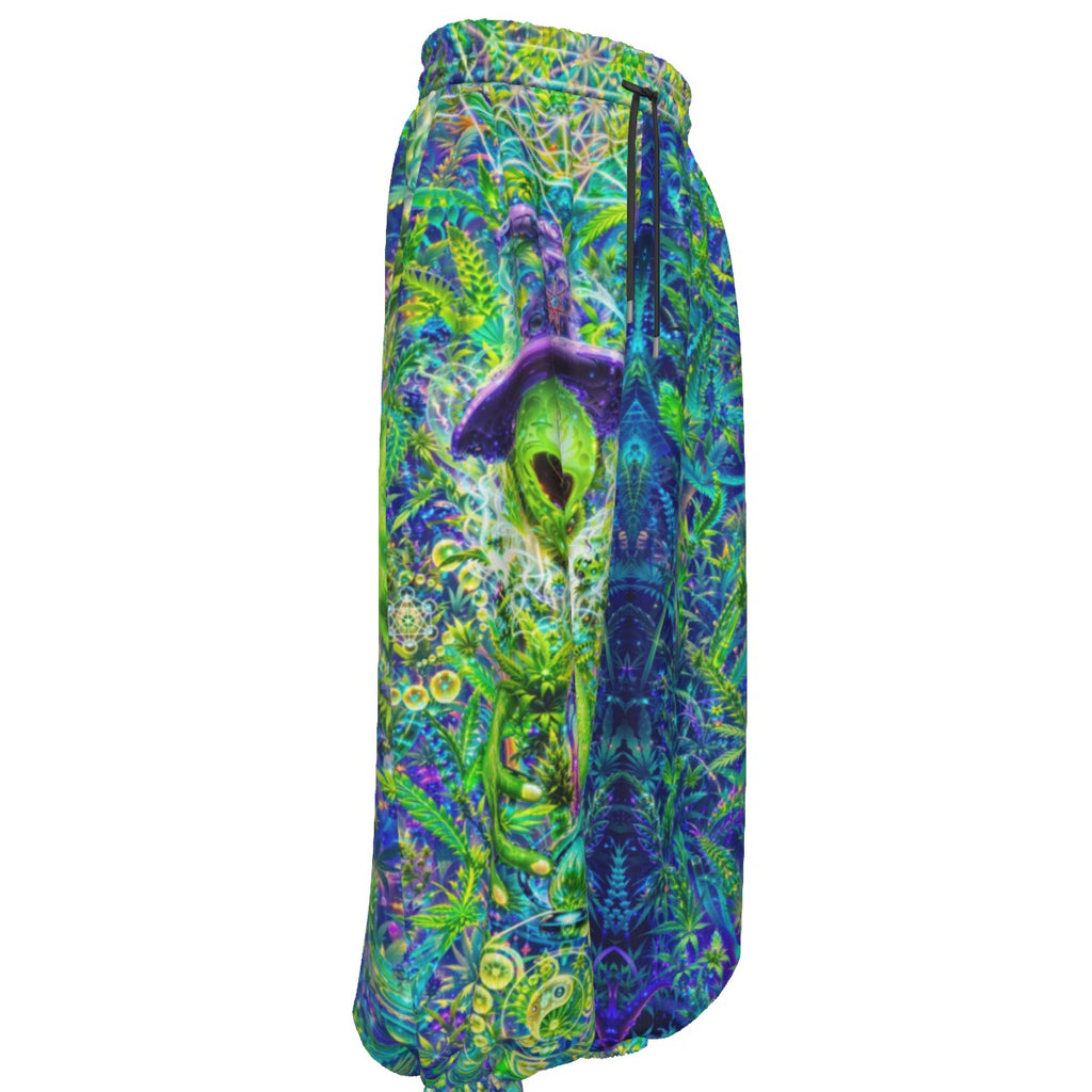 Alien Wizard Stoner men's rave pants detail view with visionary art pattern