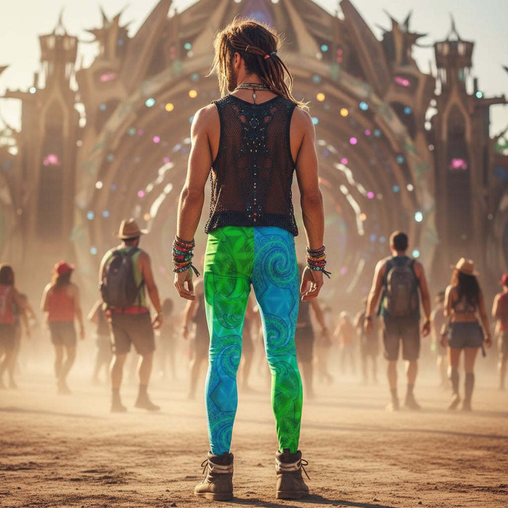 Psy Swirl Green Men's Festival Leggings side view with psychedelic art