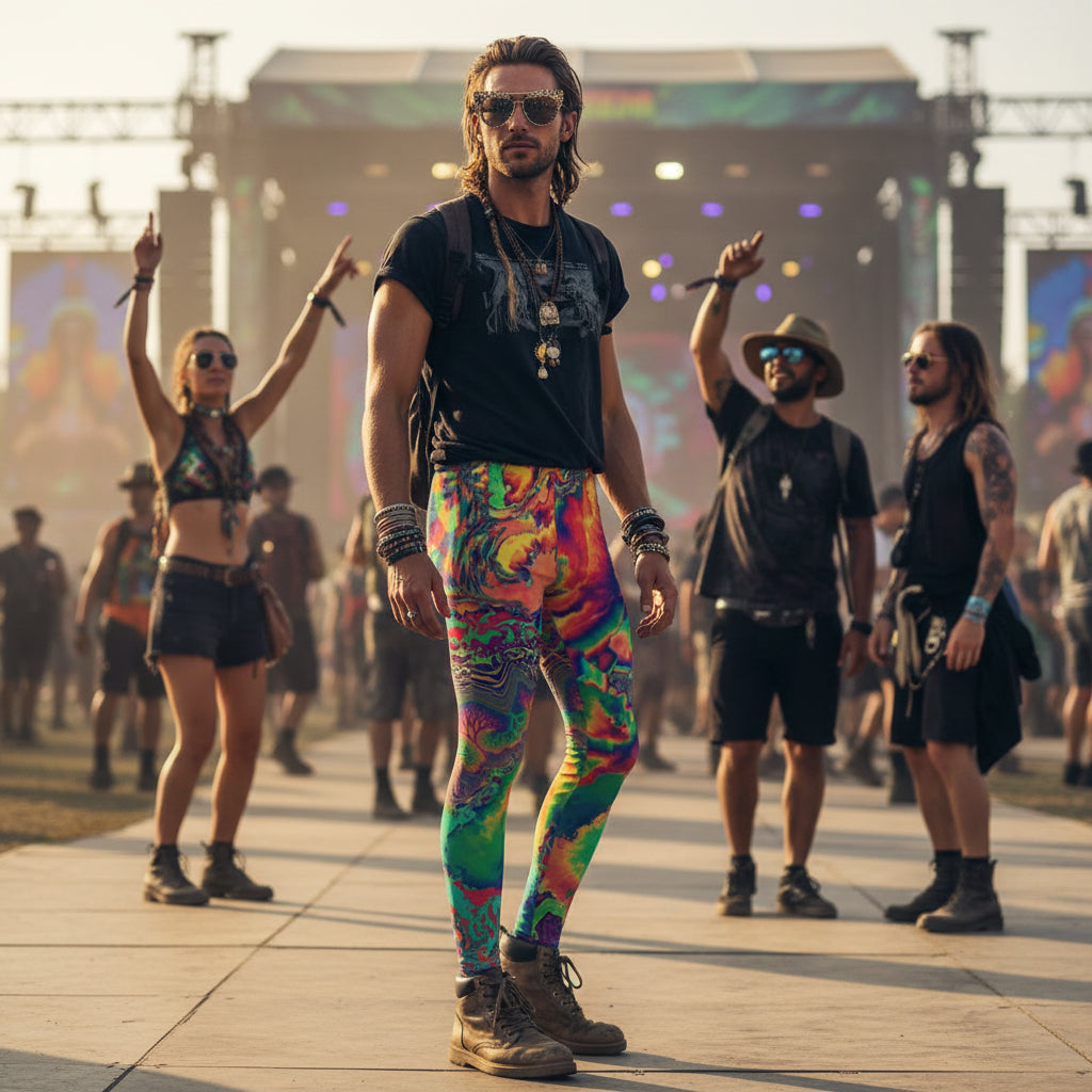 Acid Melt Men's Festival Leggings back view with psytrance clothing