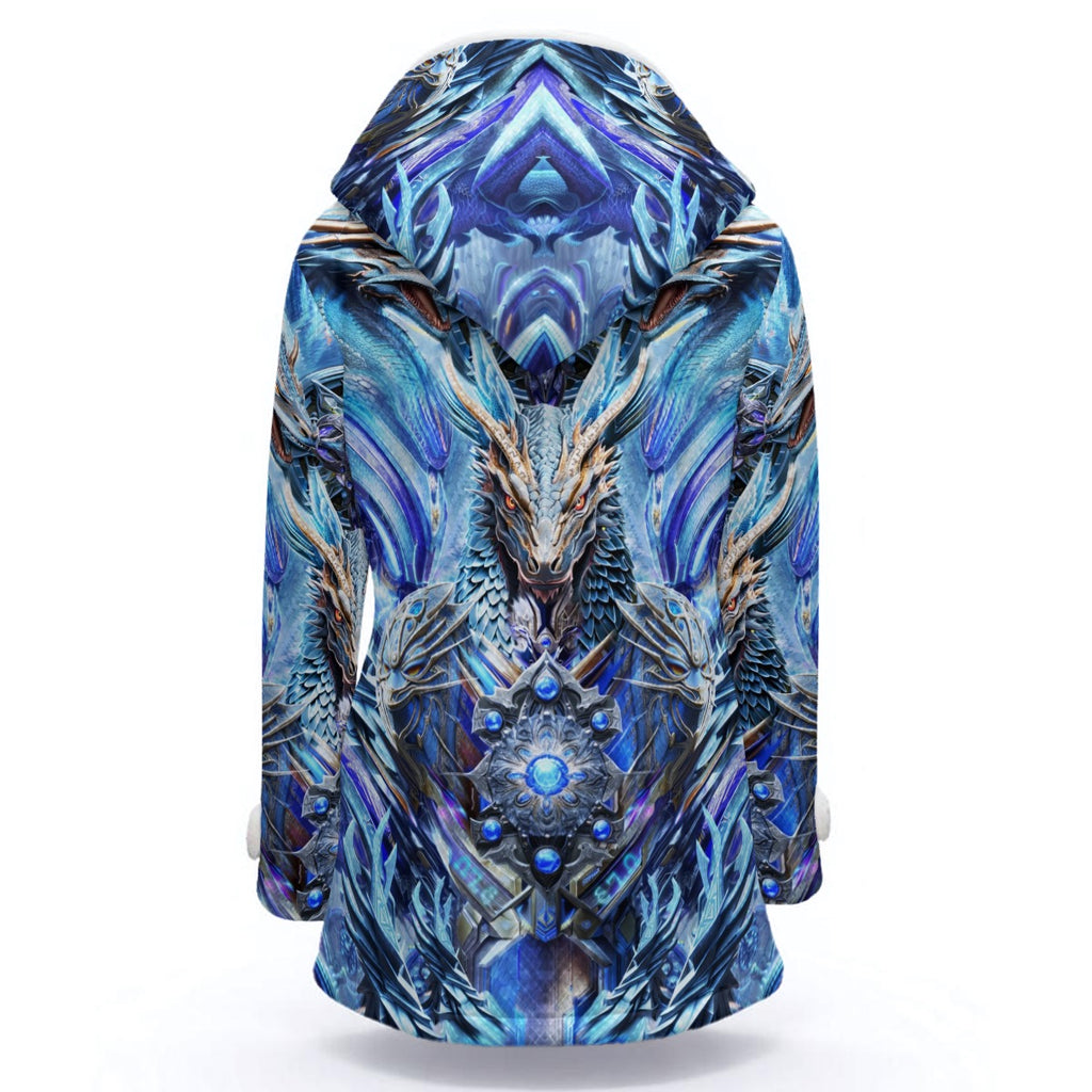 Electric Dragonscape women's festival outerwear back view with hooded coat design