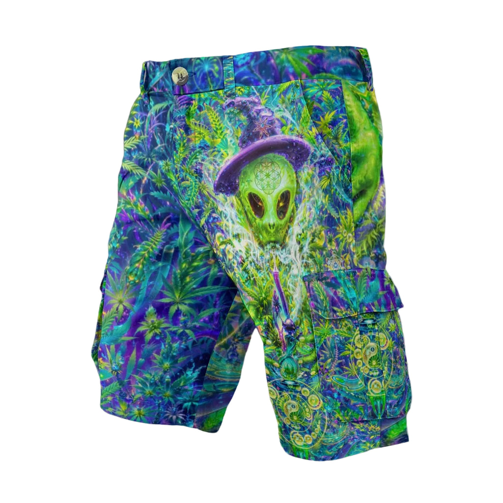 Alien Wizard Stoner men's cargo shorts back view with cargo pocket detail