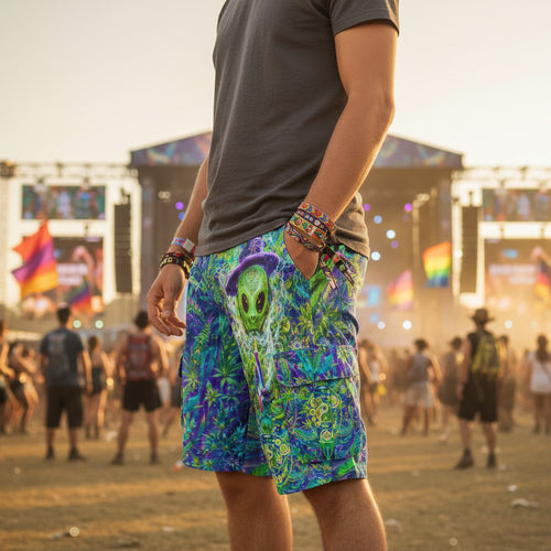 Alien Wizard Stoner men's cargo shorts back view with cargo pocket detail