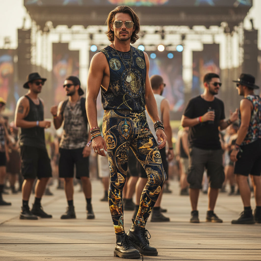 Egyptian Atlantis Men's Festival Leggings back view with EDM festivals