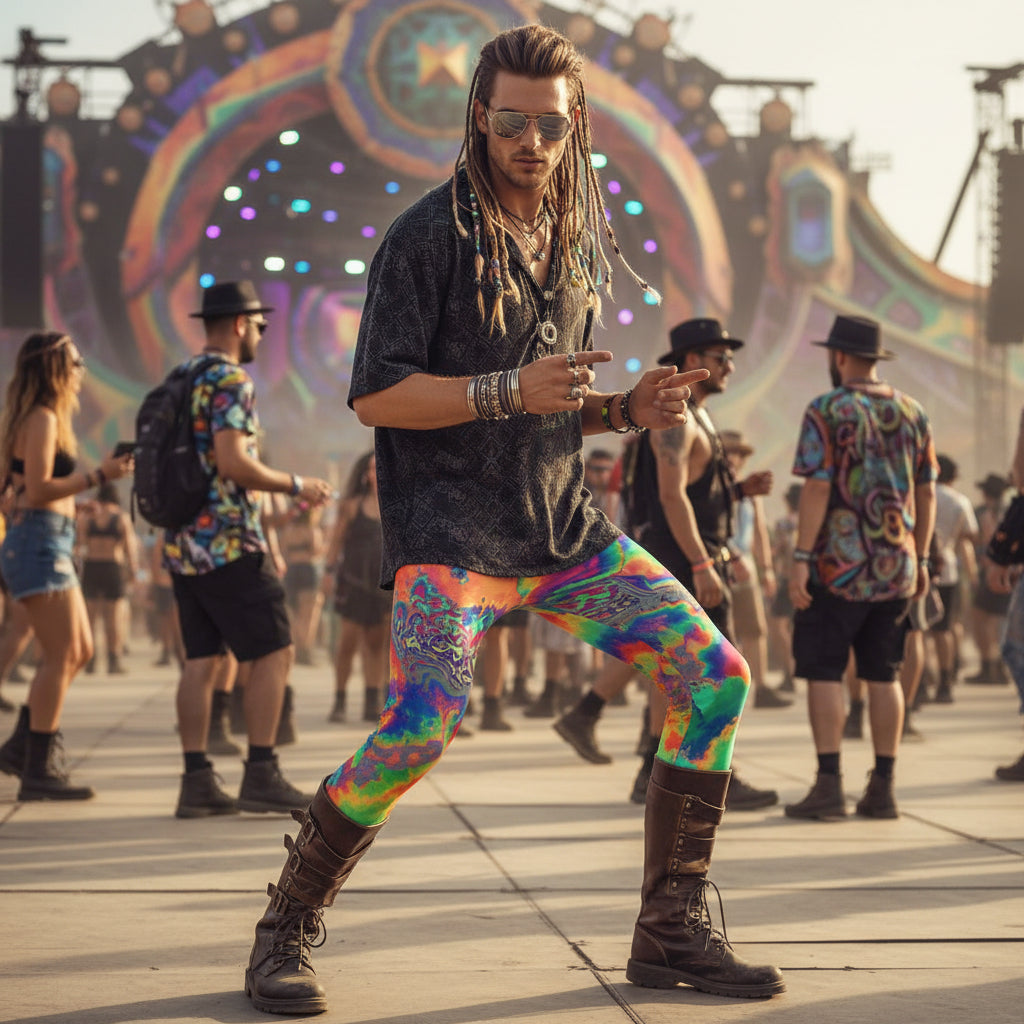 Acid Melt Men's Festival Leggings side view with sacred geometry art