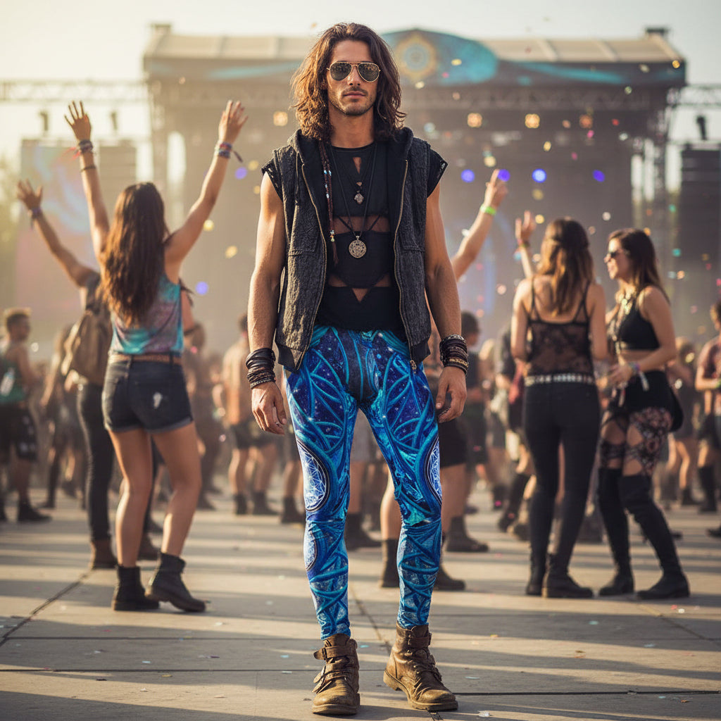 Mystic Eye Blue Men's Festival Leggings detail view with spiritual style