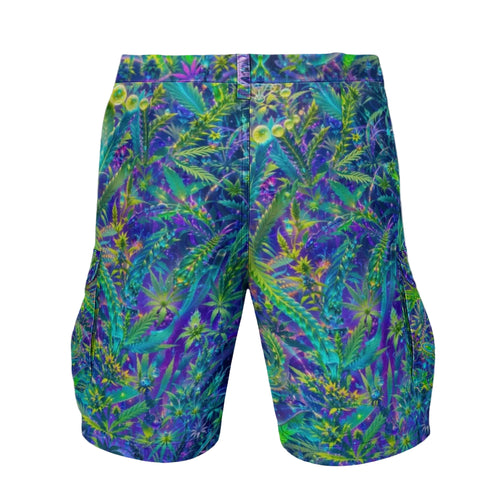 Alien Wizard Stoner men's cargo shorts side view with trippy festival design