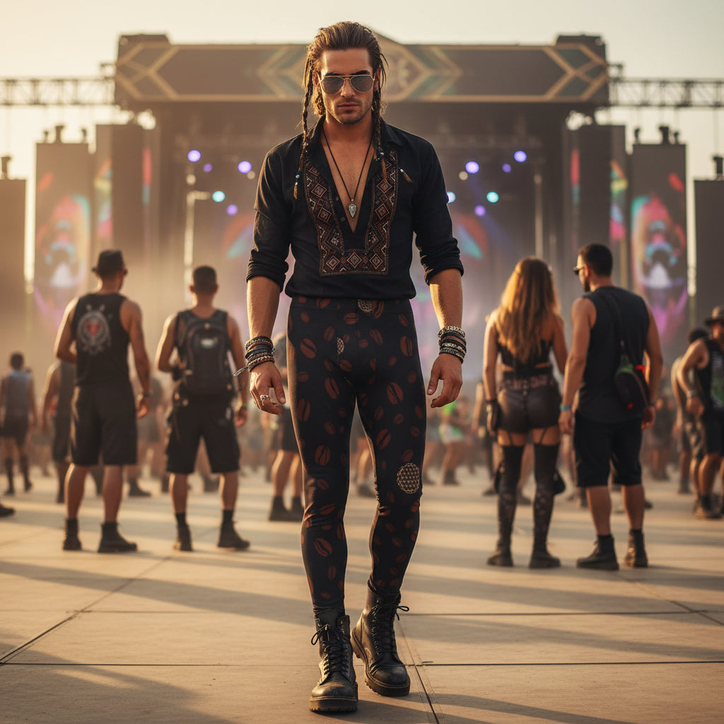 Sacred Grounds Men's Festival Leggings front view with psychedelic leggings