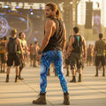 Mystic Eye Blue Men's Festival Leggings front view with sacred geometry leggings