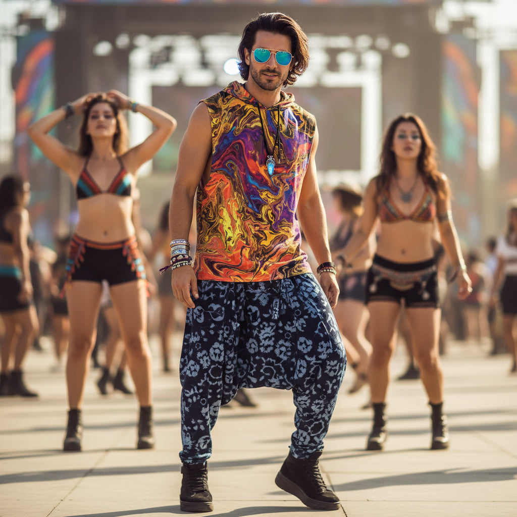 Liquid Fire men's sleeveless rave hoodie detail view with trippy design