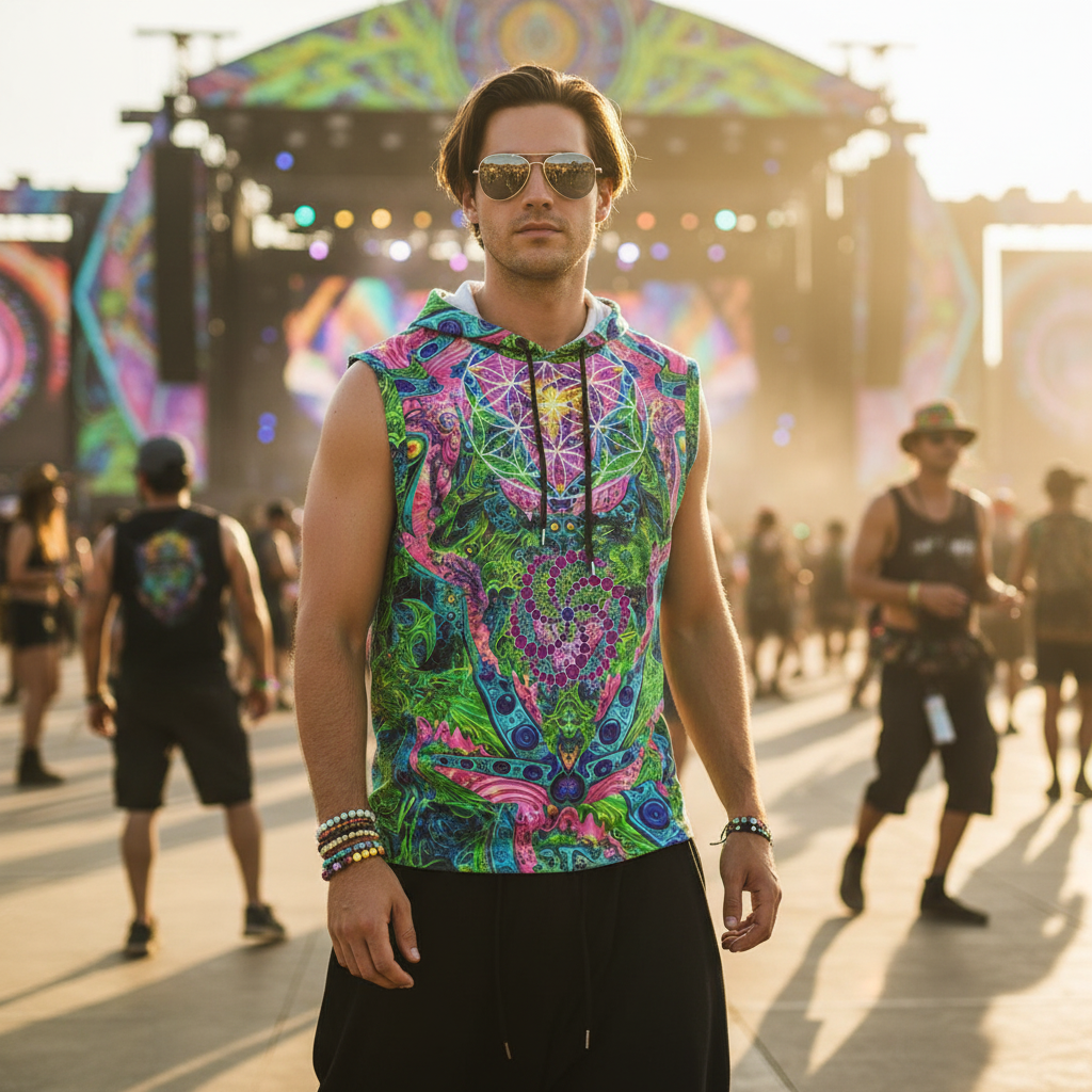Psy Tribal Shroom Cotton Sleeveless Pullover Hoodie Vest