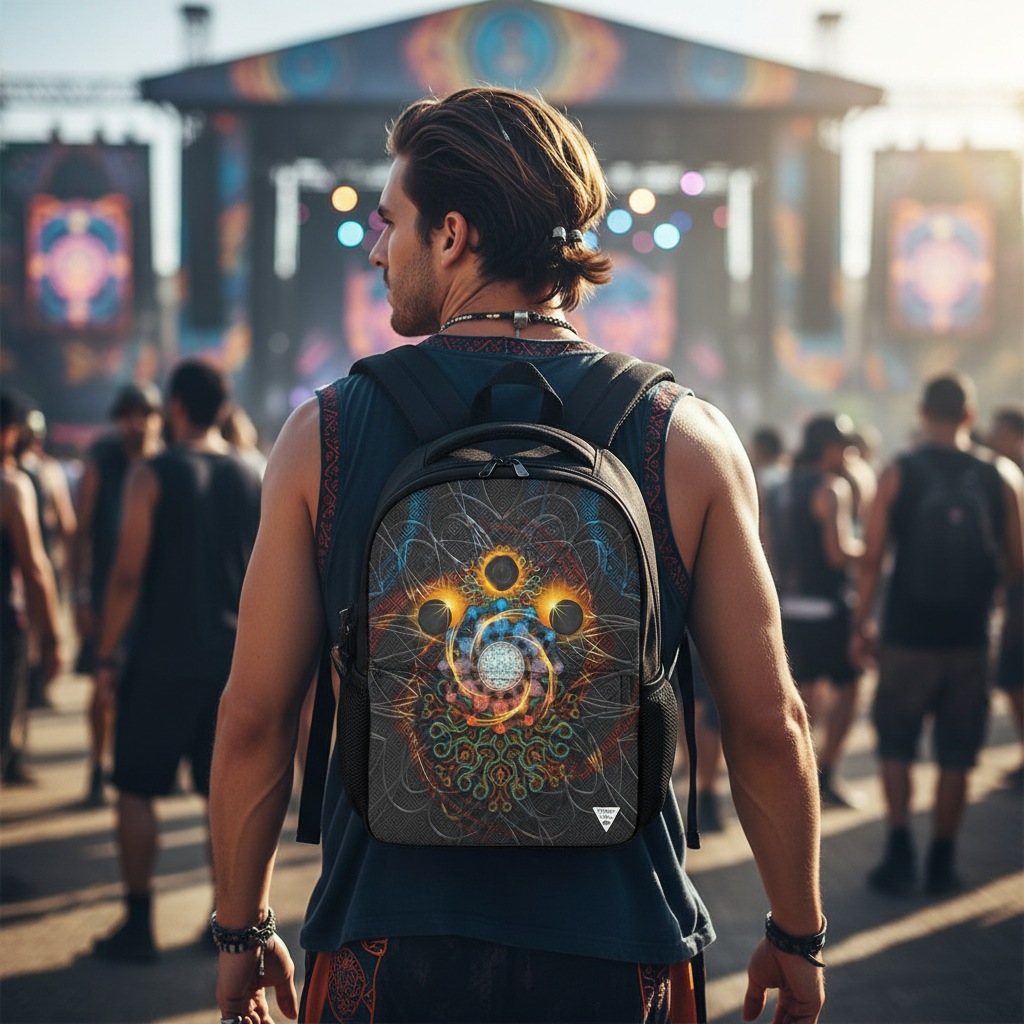 Solar Eclipse festival backpack front view with psychedelic artwork