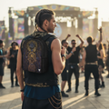 Enochian Vision Purple festival backpack front view with psychedelic art