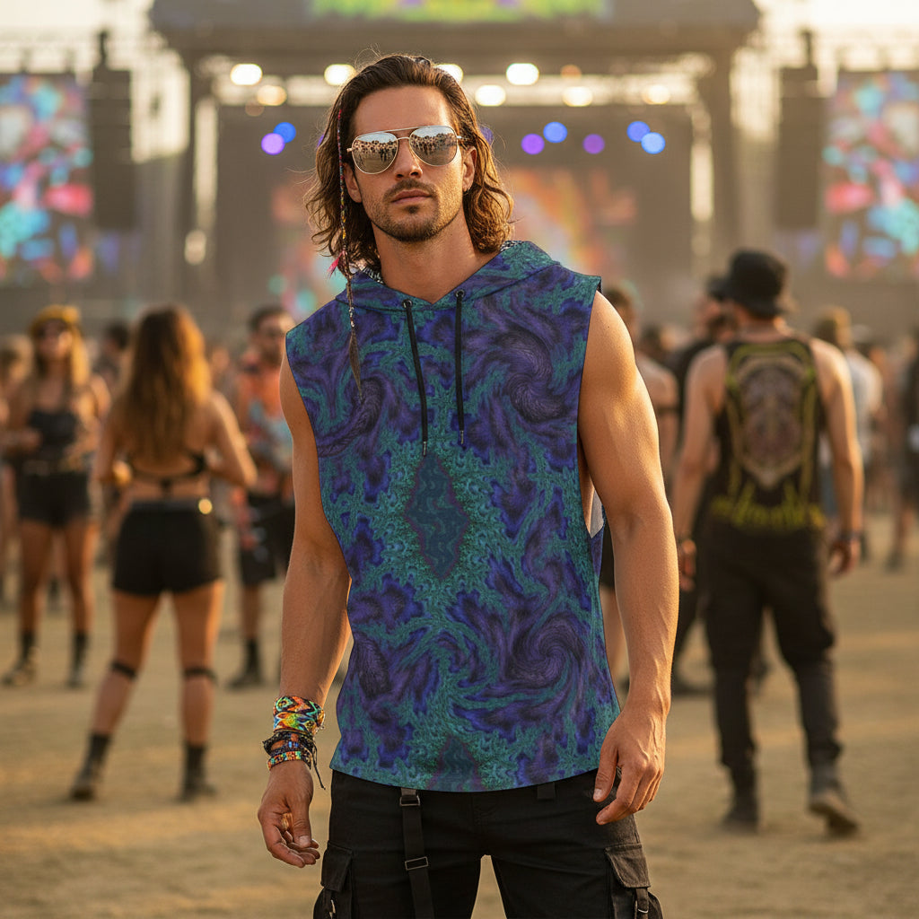 Blue Feathery Fractal Men’s Sleeveless Hoodie