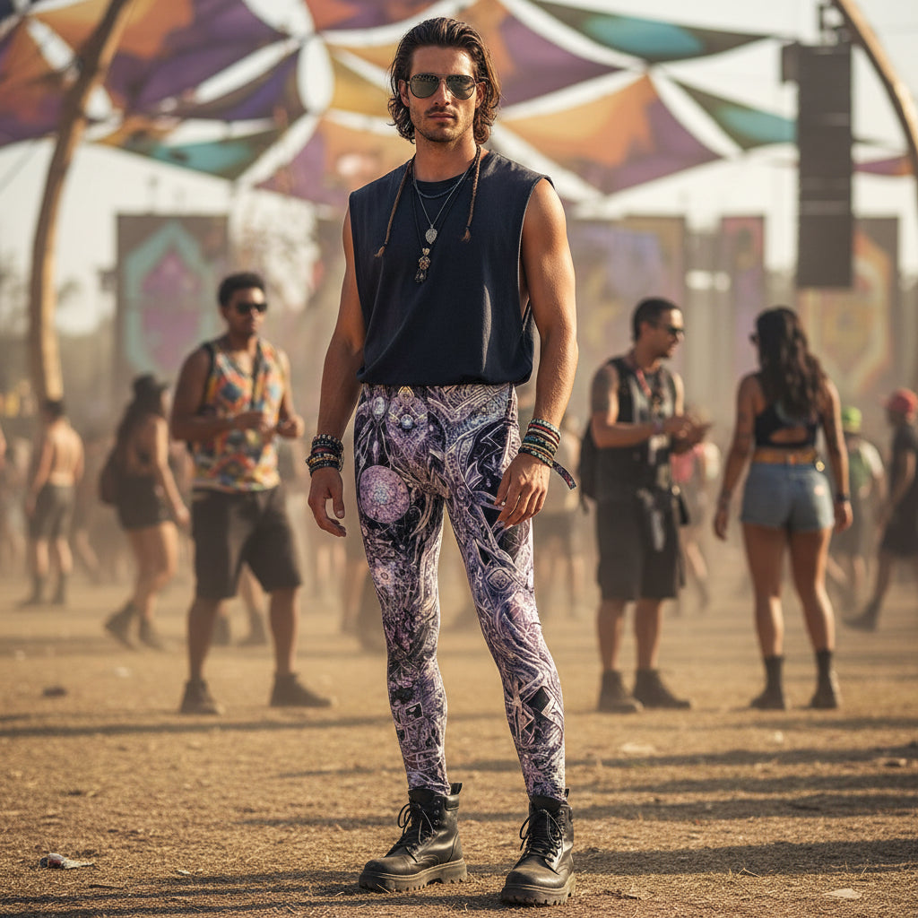 Comic Cross Silver Men's Festival Leggings front view with festival leggings