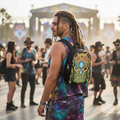 Mystic Eye Gold festival backpack front view with psychedelic artwork