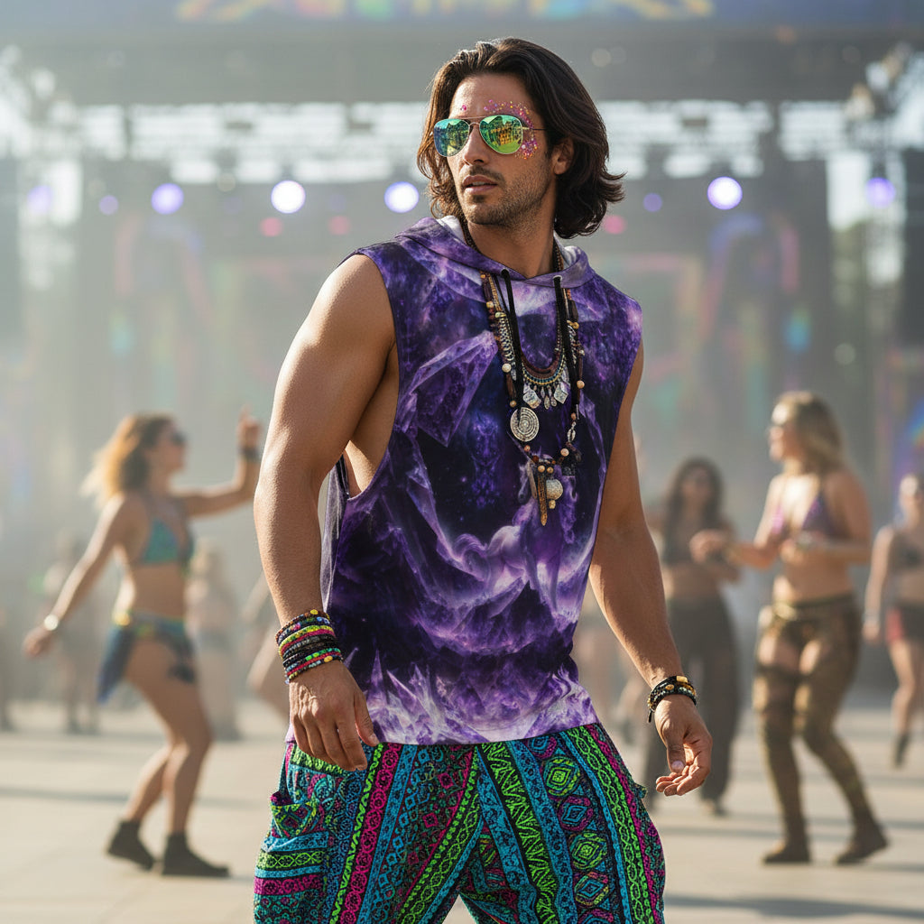 Amethyst Unicorn men's hooded tank side view with visionary art print