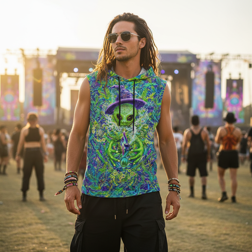 Alien Wizard Stoner Cotton Sleeveless Pullover Hoodie Vest