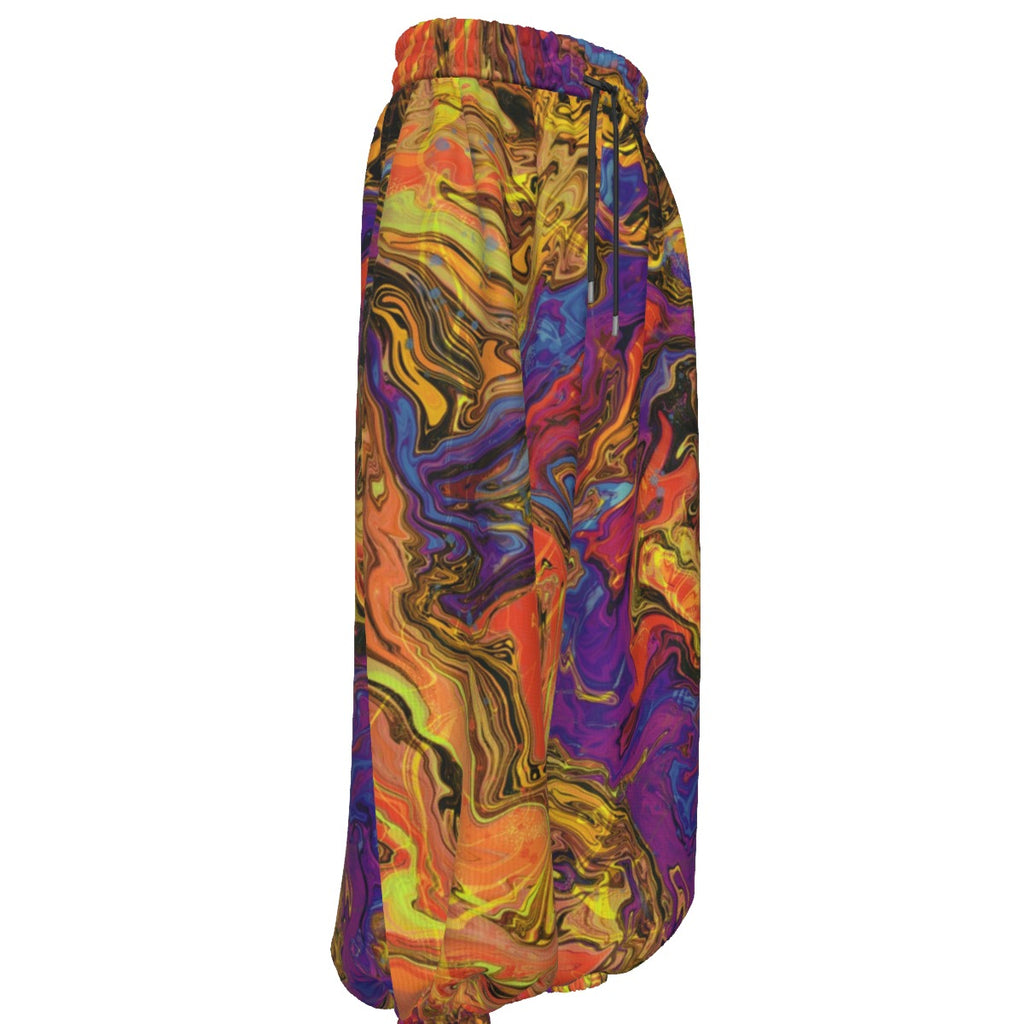 Liquid Fire men's rave pants detail view with visionary art pattern