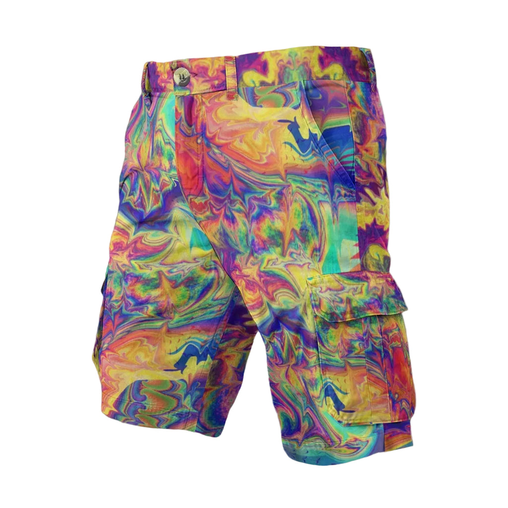 Windowpane men's cargo shorts front view with psychedelic festival print