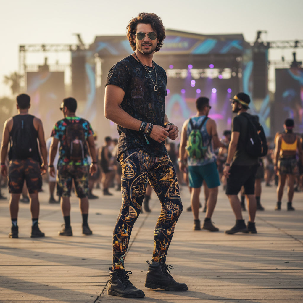 Egyptian Atlantis Men's Festival Leggings side view with visionary art