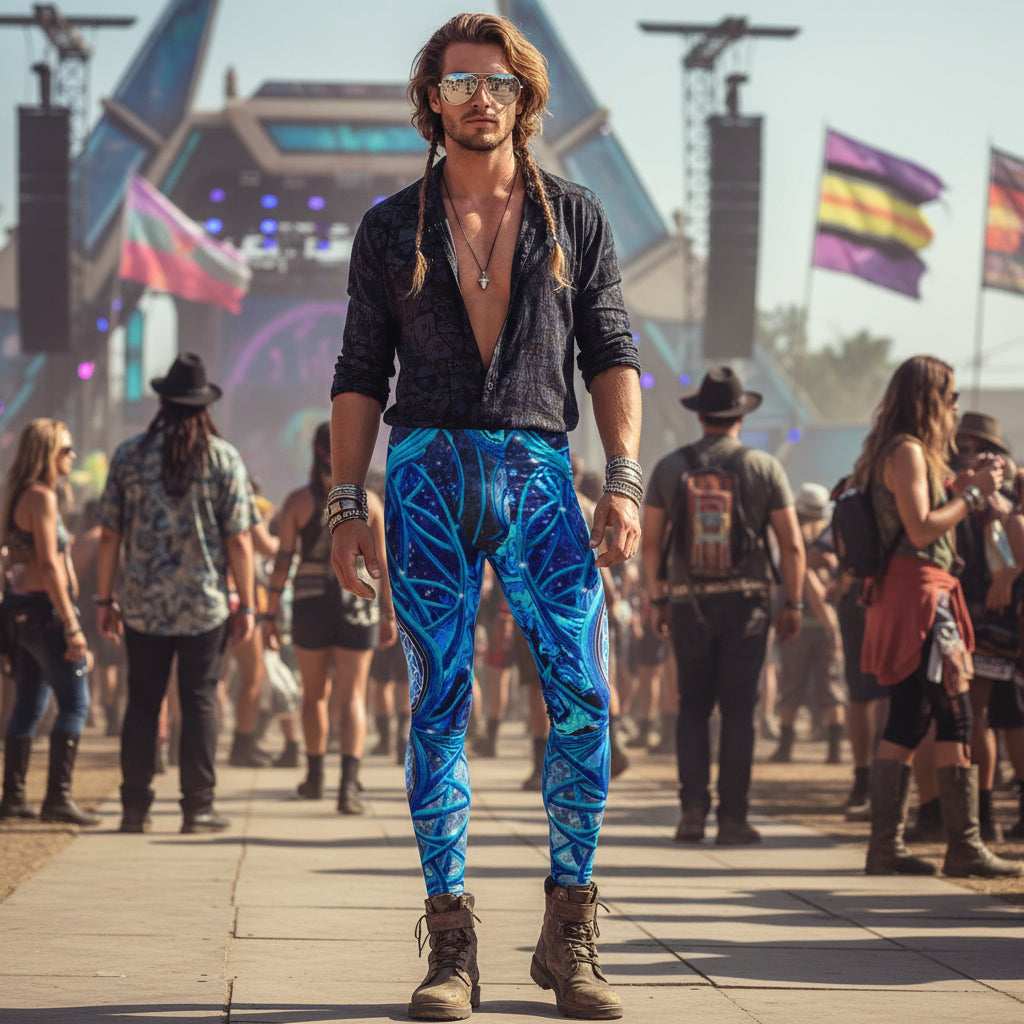 Mystic Eye Blue Men's Festival Leggings side view with sacred geometry art