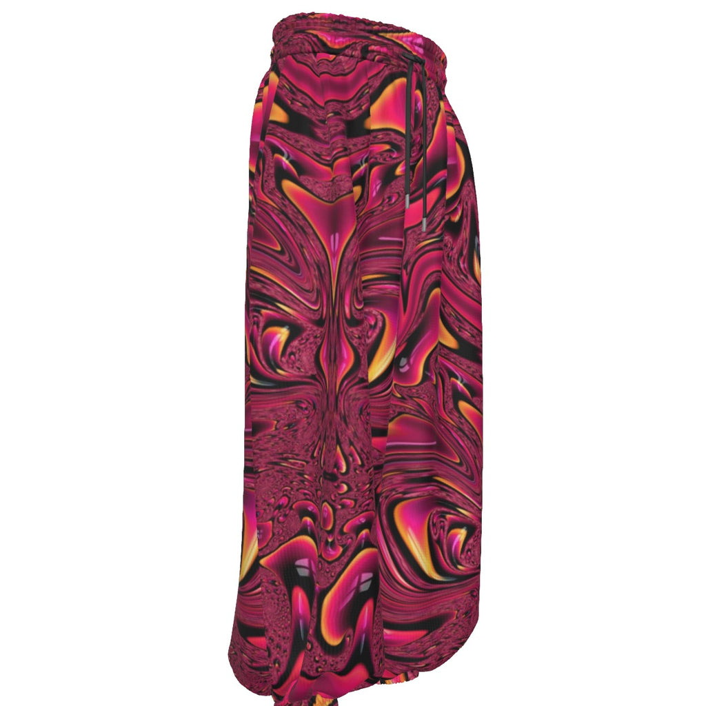 Fuchsia Swirl men's rave pants detail view with visionary art pattern