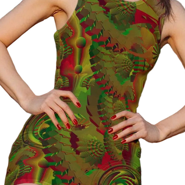 Shroom Flower of Life Green women's festival bodycon dress back view with green pattern