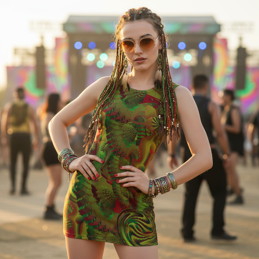 Shroom Flower of Life Green women's sheer mesh bodycon dress front view with green psychedelic pattern
