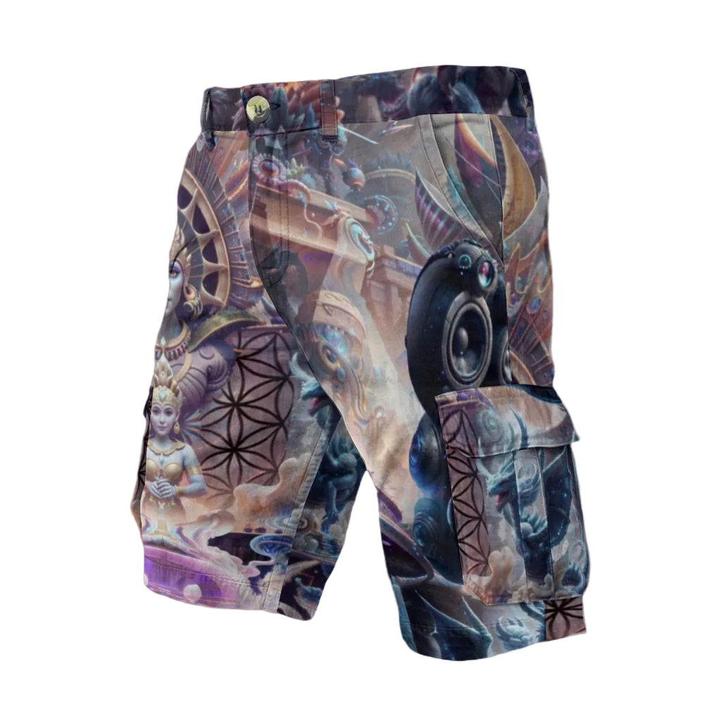 Temple of Sound men's cargo shorts back view with cargo pocket detail