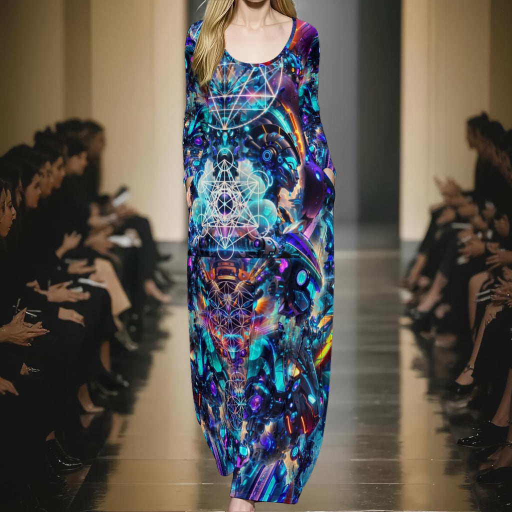 Cyber Punk Mech women's festival maxi dress back view with crushed velvet silhouette