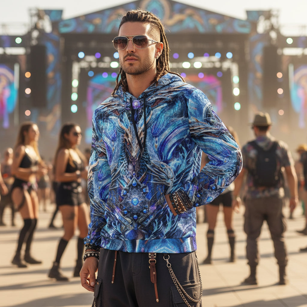 Crushed Velvet Pullover Hoodie | Electric Dragonscape